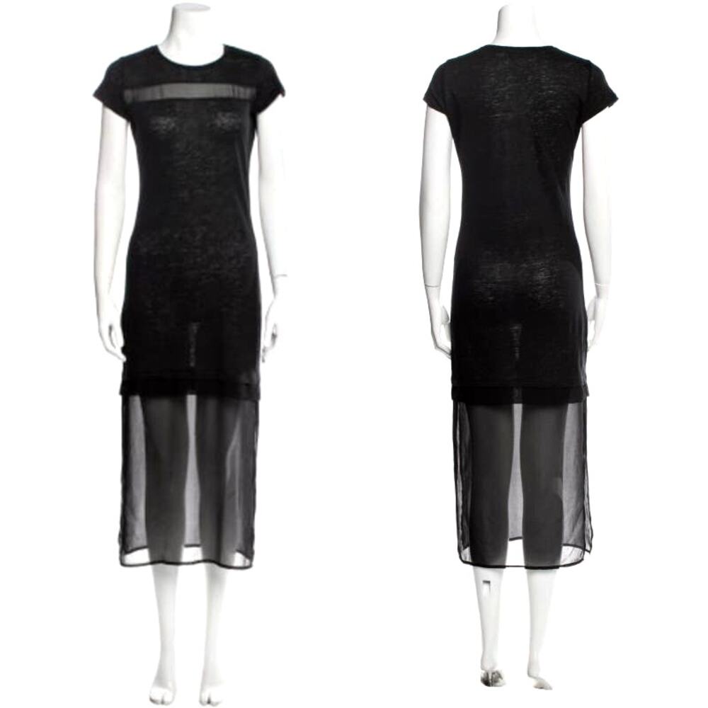 Sandro Paris Black Linen Chiffon Mesh Paneled Midi Dress Size S